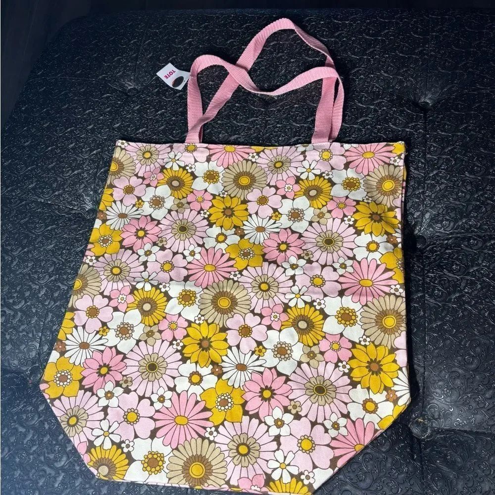 18” NEW Pink & Yellow Floral Canvas Tote Bag - Unbranded